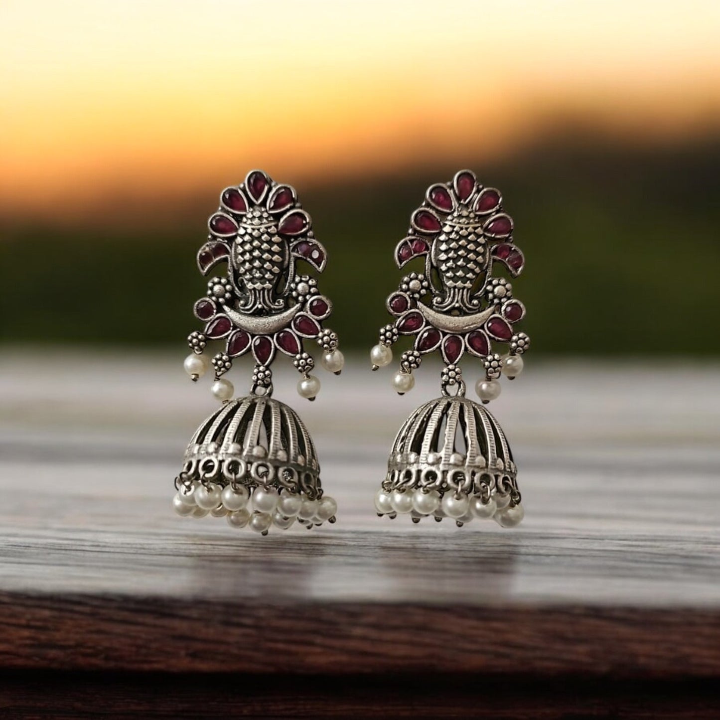 804974 Pretty Precious Fashion Oxidised Silver Stylish Party Wear Earrings for Women and Girls-Ruby
