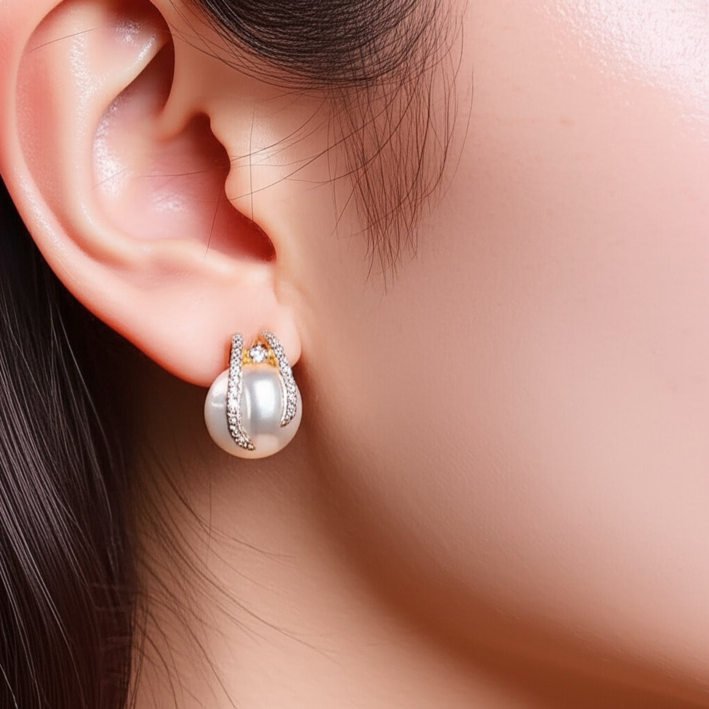 435168 Cubic Zirconia Pearl Earring With 2 Tone Rhodium Plating