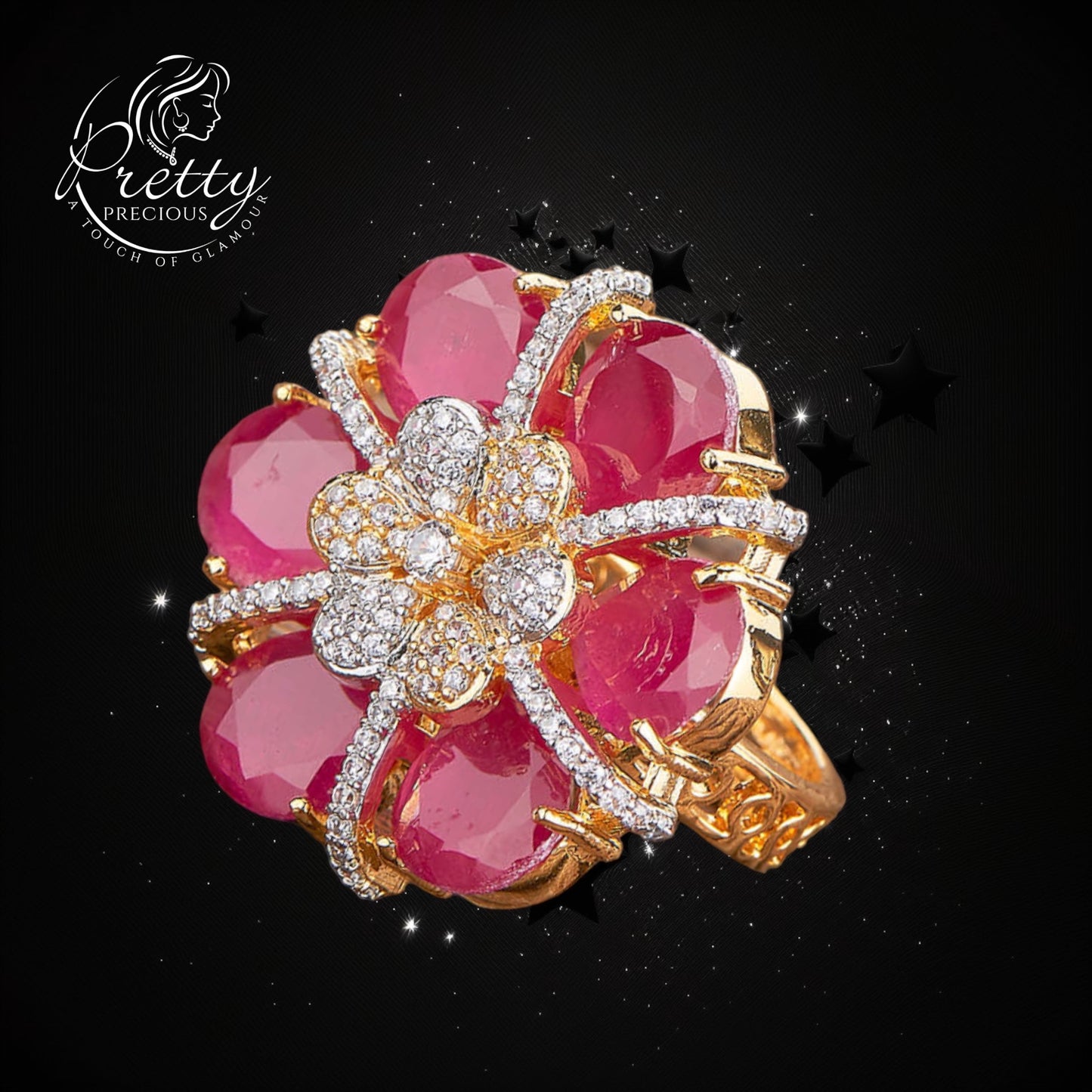 428701 Cubic Zirconia Adjustable Ring With 2 Tone Plating-Ruby