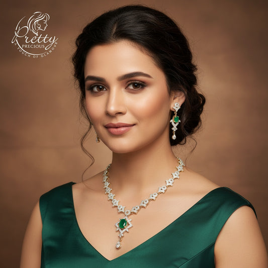 912009 Cz Delicate Necklace With 2 Tone Plating-Green