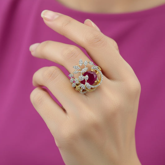 439561 Cz Adjustable Ring With 2 Tone Plating-Ruby