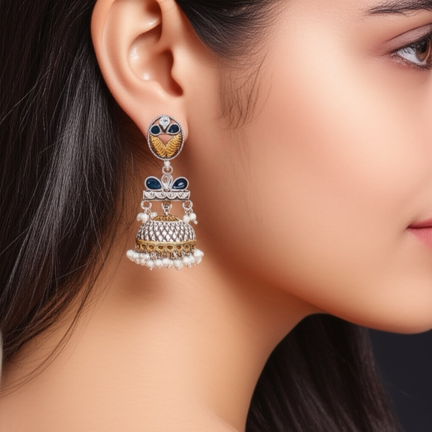 807521 Oxidised Pearl Jhumki With 2 Tone Plating-Blue