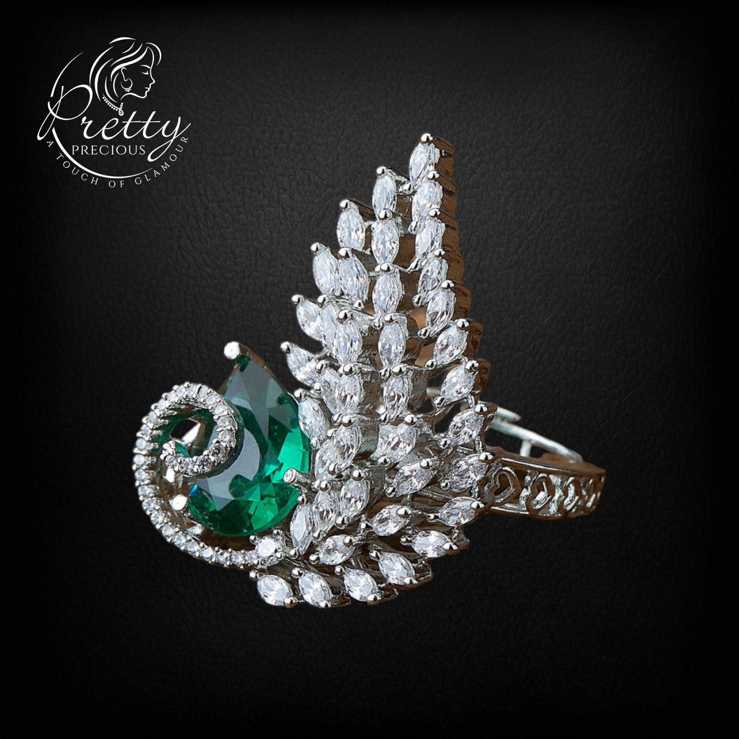 430598-Cubic Zirconia Adjustable Ring With Rhodium Plating-Ramgreen