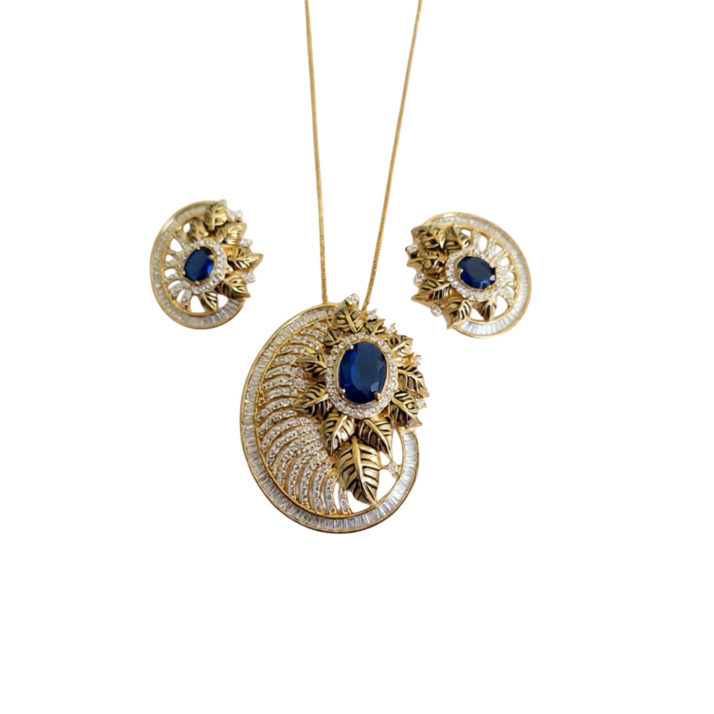 98009-PS-American Diamond Delicate Pendant Set With Gold Plating-Dark Blue