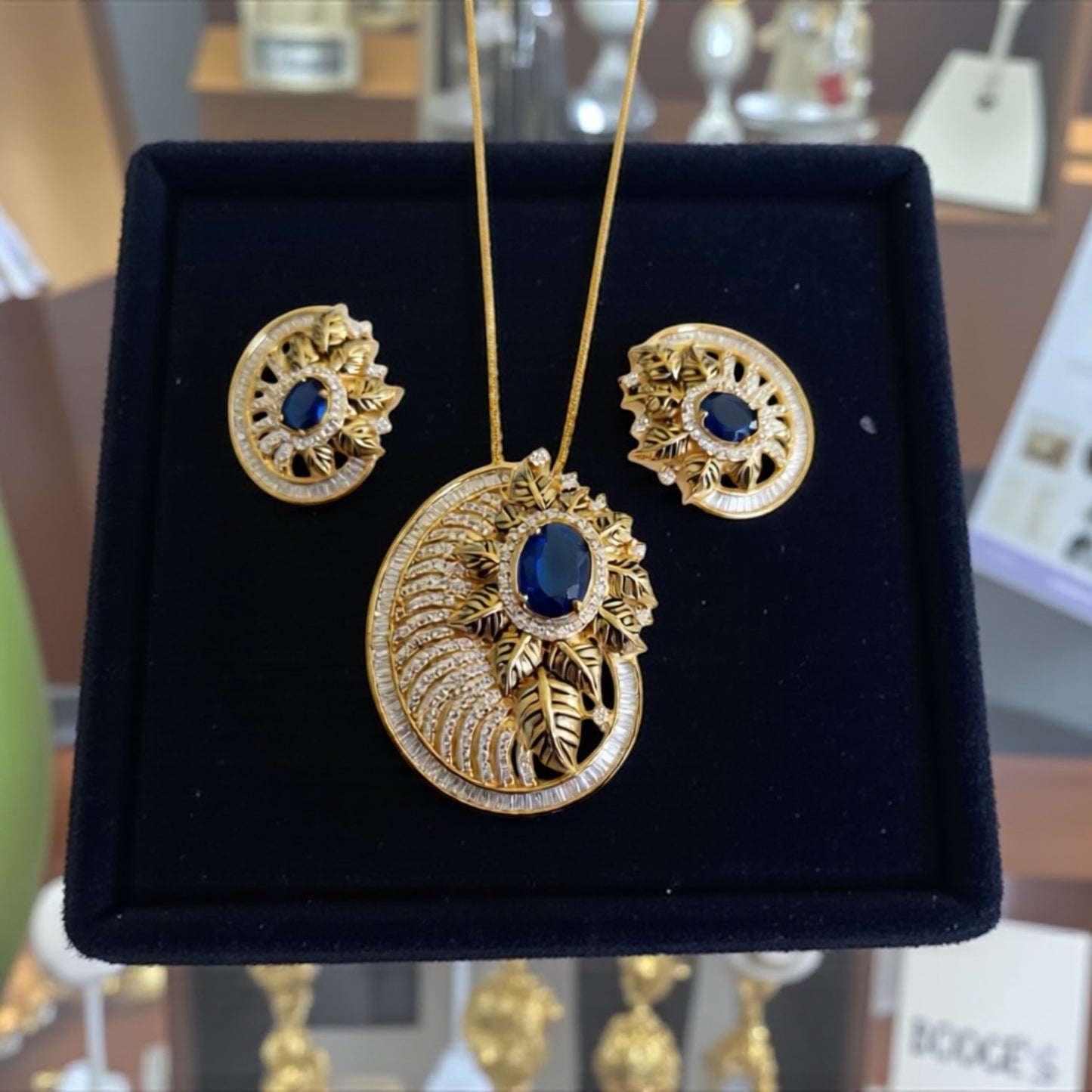 98009-PS-American Diamond Delicate Pendant Set With Gold Plating-Dark Blue