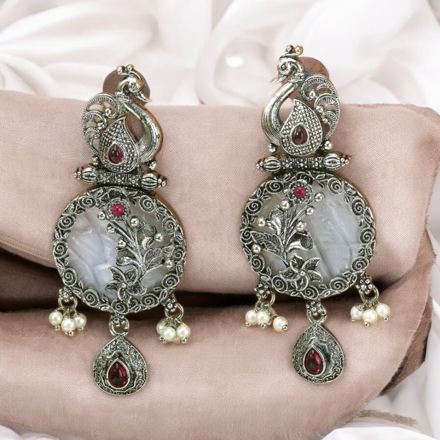 807198 Peacock Earring With Oxidised Plating-Ruby