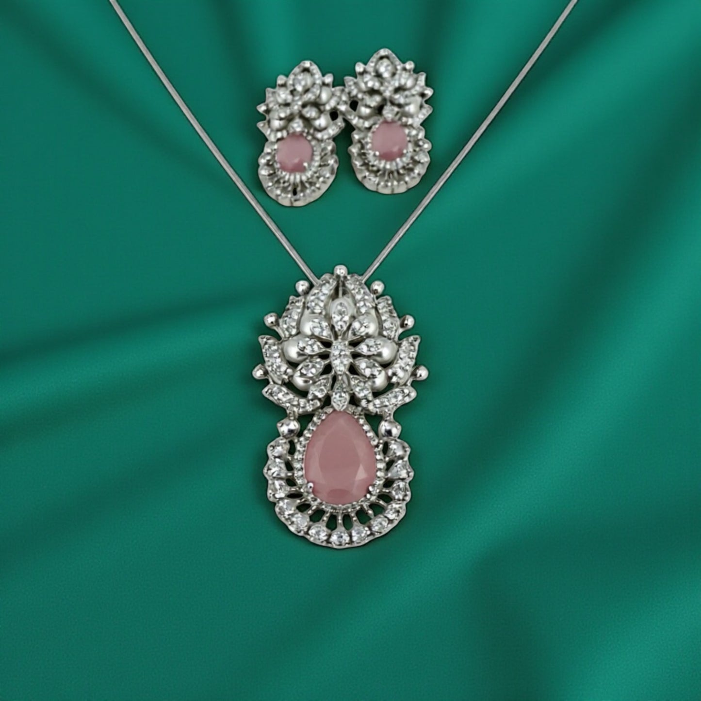 97459-PS-American Diamond Delicate Pendant Set With Rhodium Plating-Pink Moti