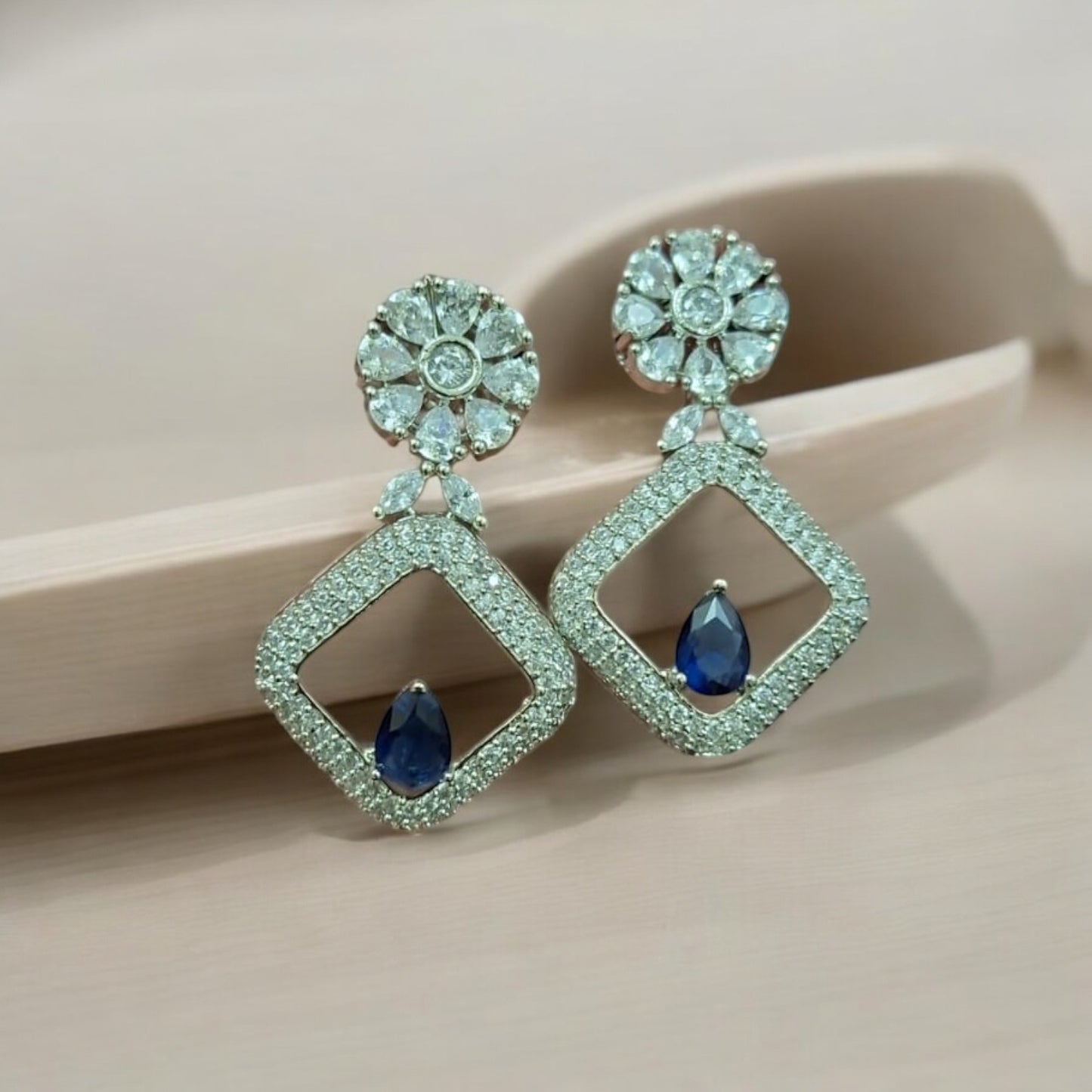 429237 CZ Earring With Rhodium Plating-Blue