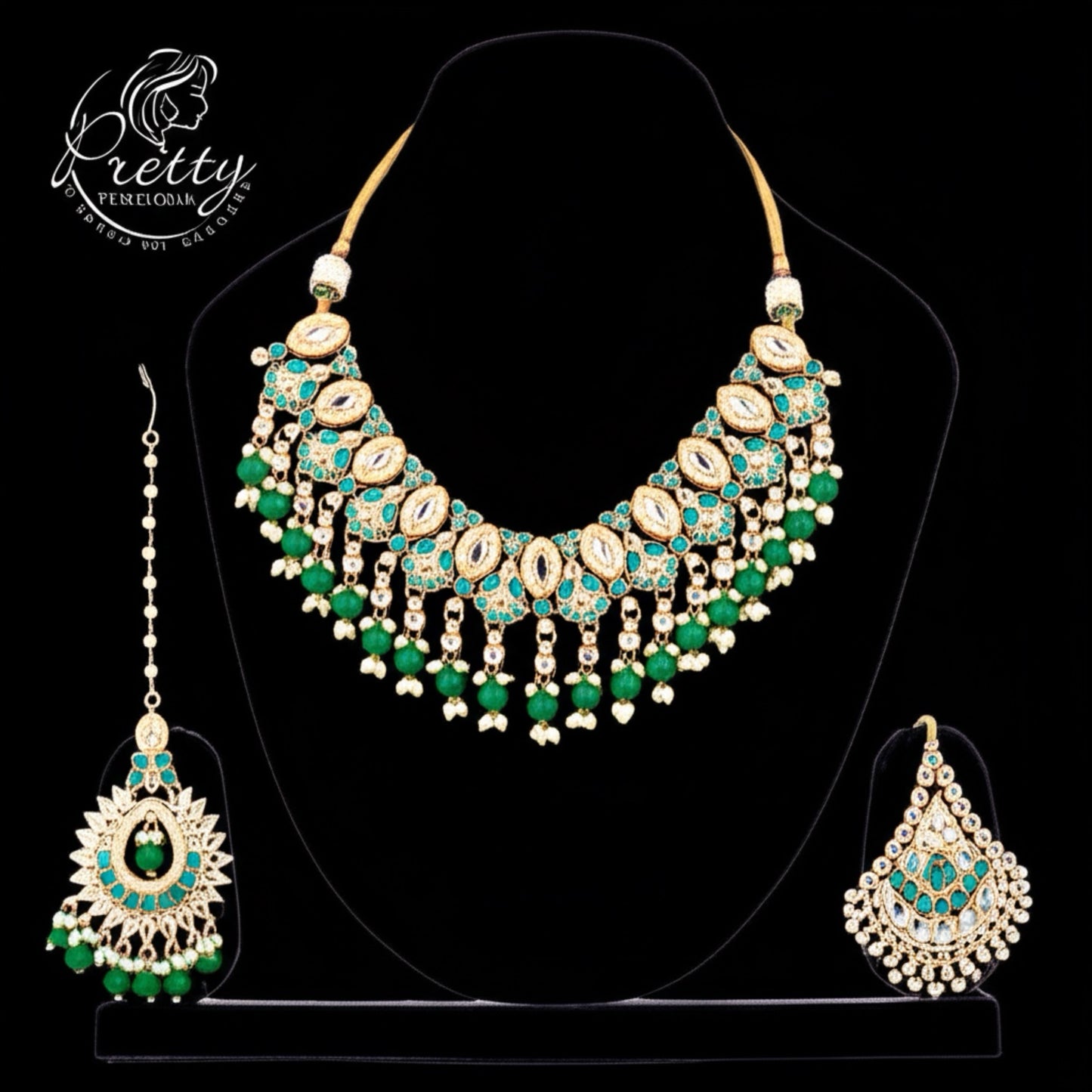 110784 Indo Western Kundan Necklace With Gold Plating-Green