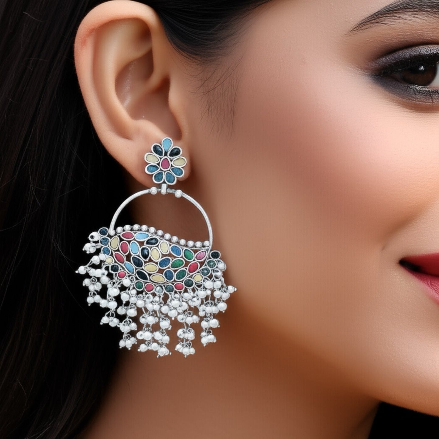 94999-ERO Pretty Precious Fashion Oxidised Silver Stylish Party Wear Earrings for Women and Girls-Multi