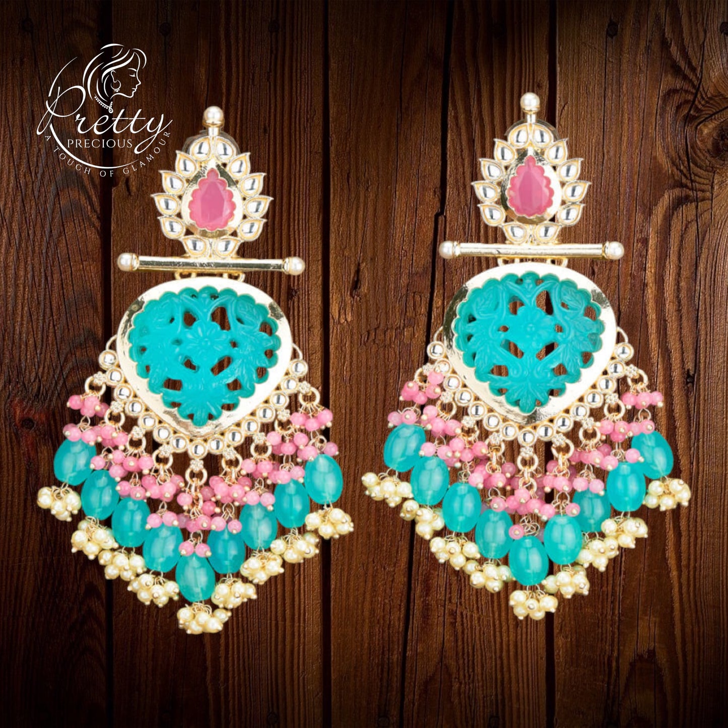 110547 Indo Western Beads Earring With Gold Plating-Turqoise