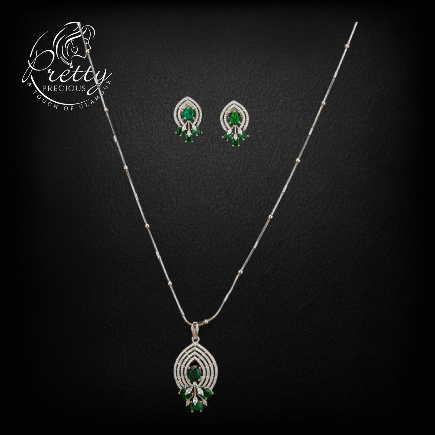 430019 Cubic Zirconia Classic Pendant Set With Rhodium Plating-Green