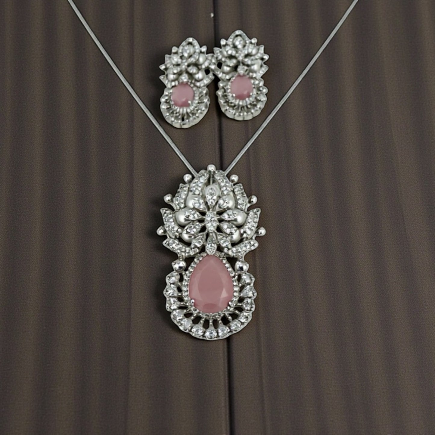 97459-PS-American Diamond Delicate Pendant Set With Rhodium Plating-Pink Moti