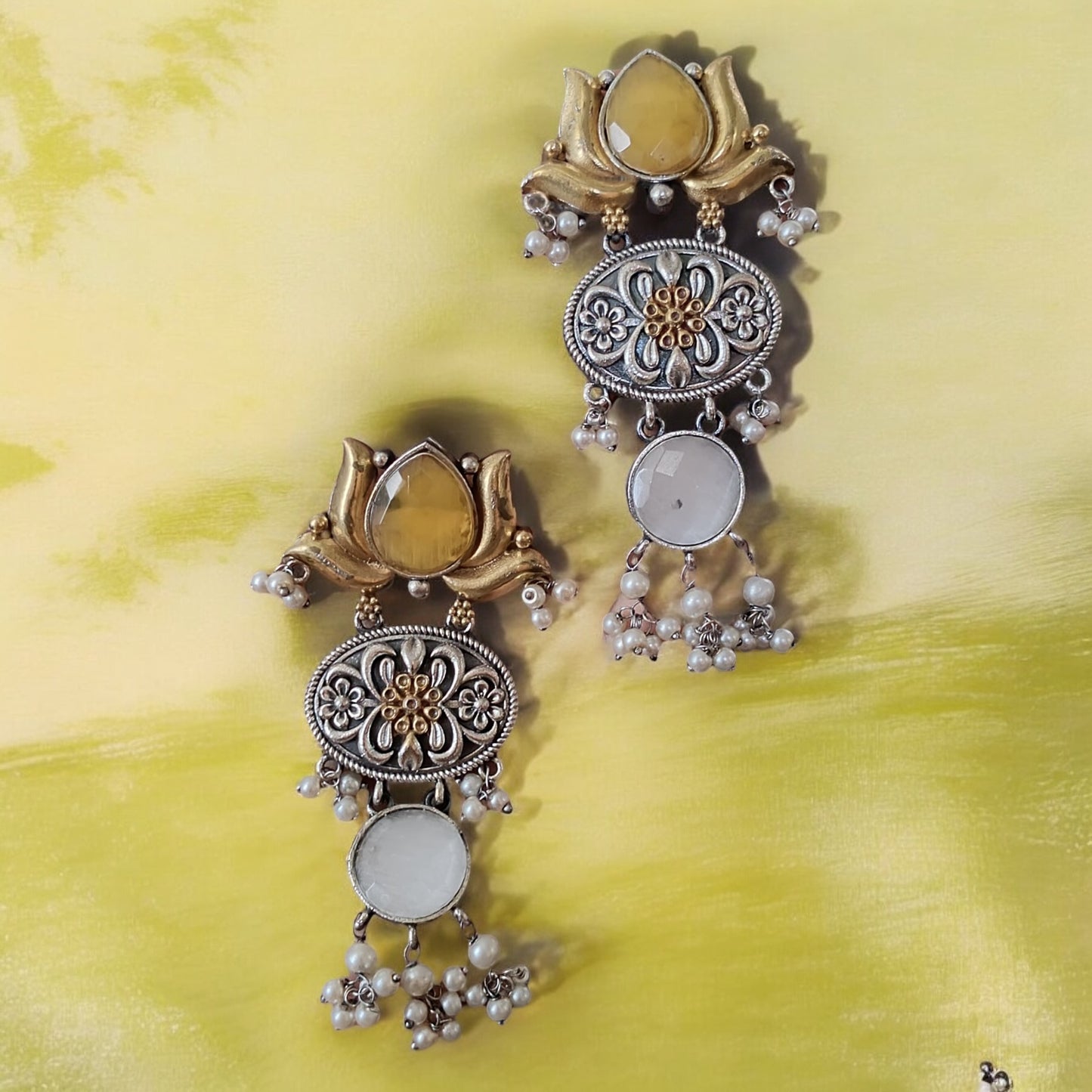 94209-ERO Pretty Precious Fashion Oxidised Silver Stylish Party Wear Earrings for Women and Girls-Yellow