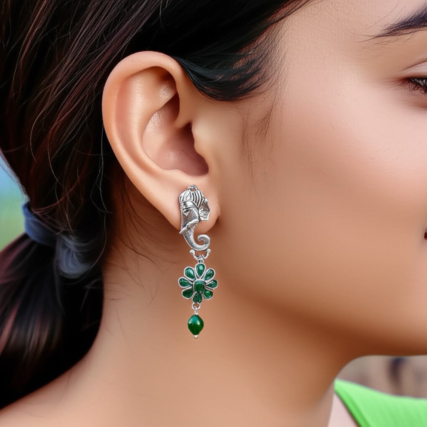 807448 Pretty Precious Fashion Oxidised Silver Stylish Party Wear Earrings for Women and Girls-Green