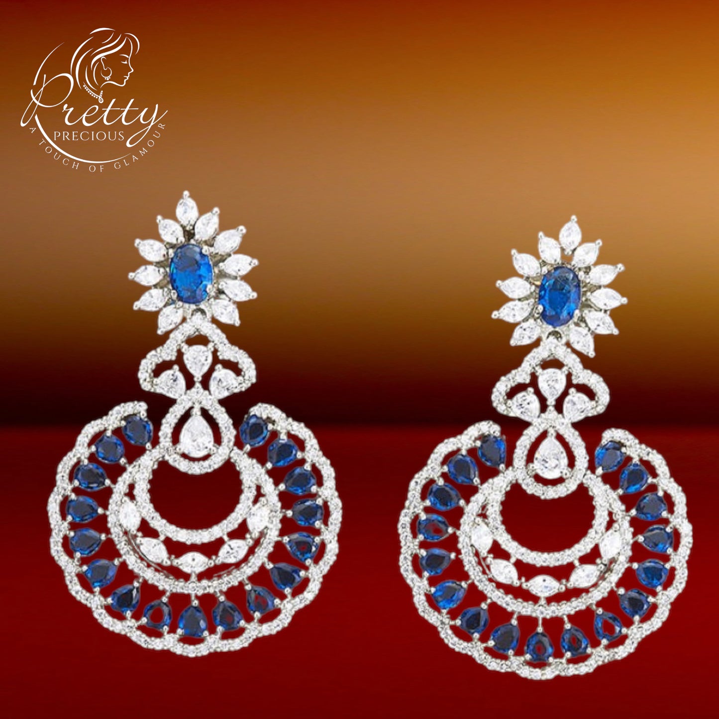 427108 Cz Short Earring With Rhodium Plating-Blue