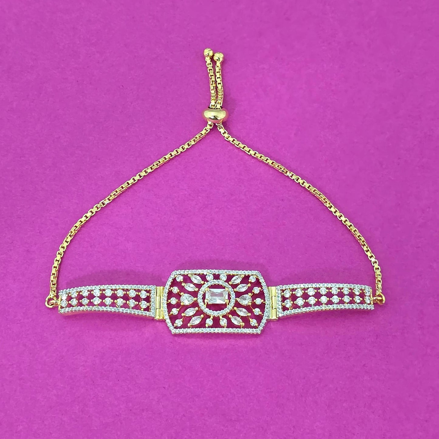 439749 Cubic Zirconia Adjustable Bracelet With Rhodium 2 Tone Plating