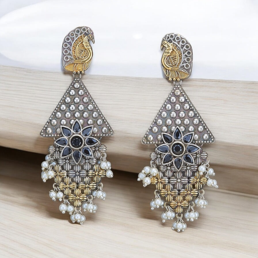 803600 Oxidised Peacock Earring With 2 Tone Plating-Black