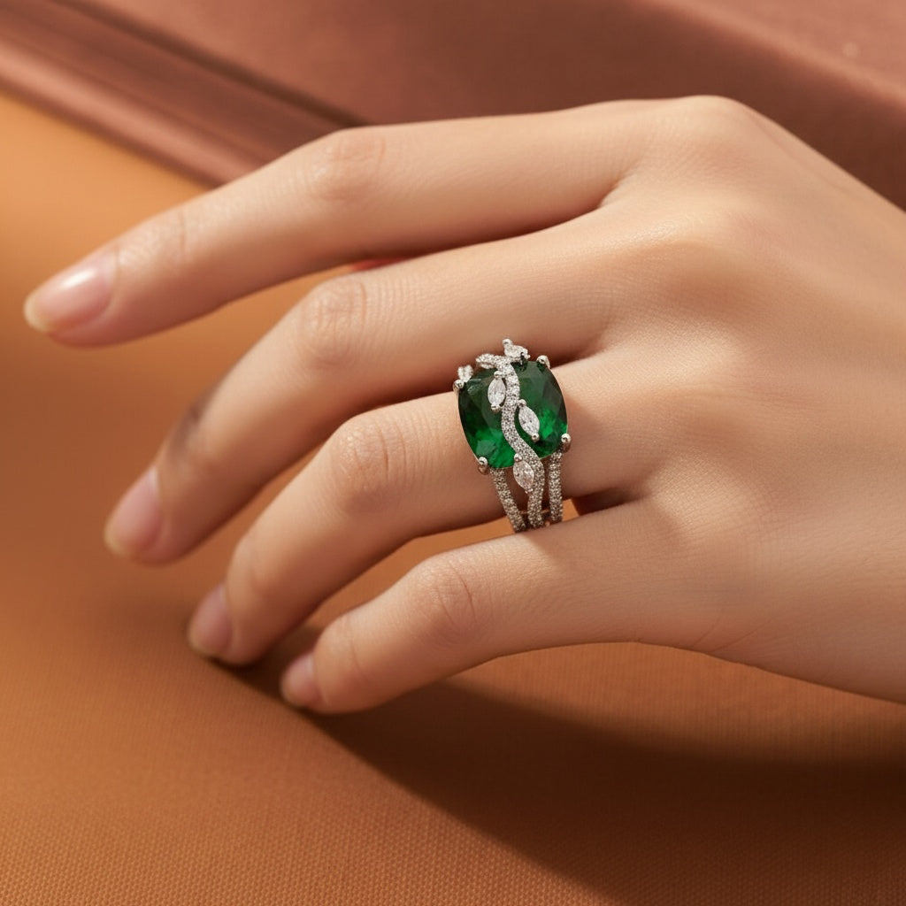 433703 American Diamond Adjustable Ring With Rhodium Plating-Green