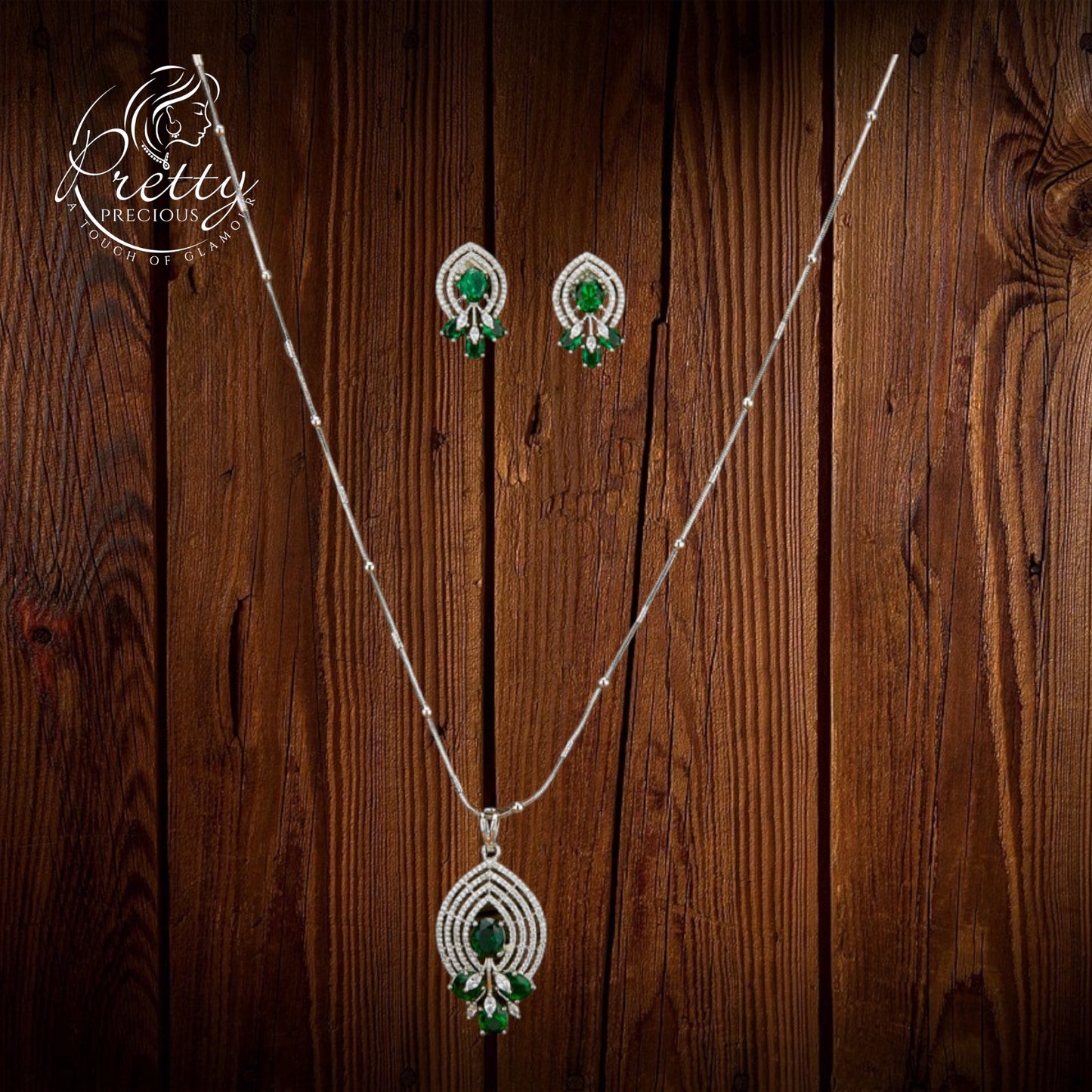 430019 Cubic Zirconia Classic Pendant Set With Rhodium Plating-Green