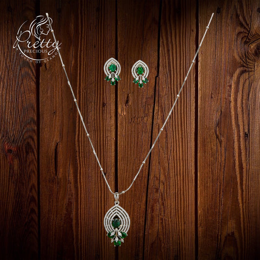 430019 Cubic Zirconia Classic Pendant Set With Rhodium Plating-Green