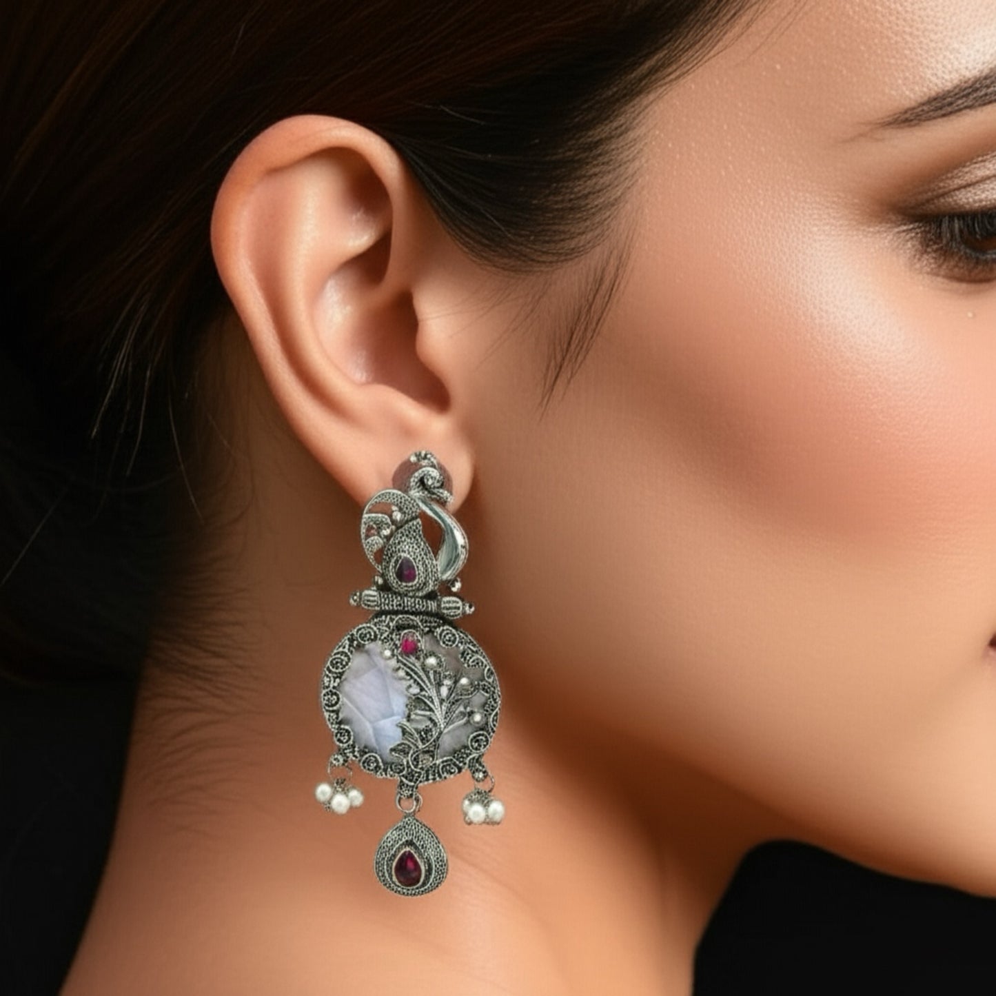 807198 Peacock Earring With Oxidised Plating-Ruby