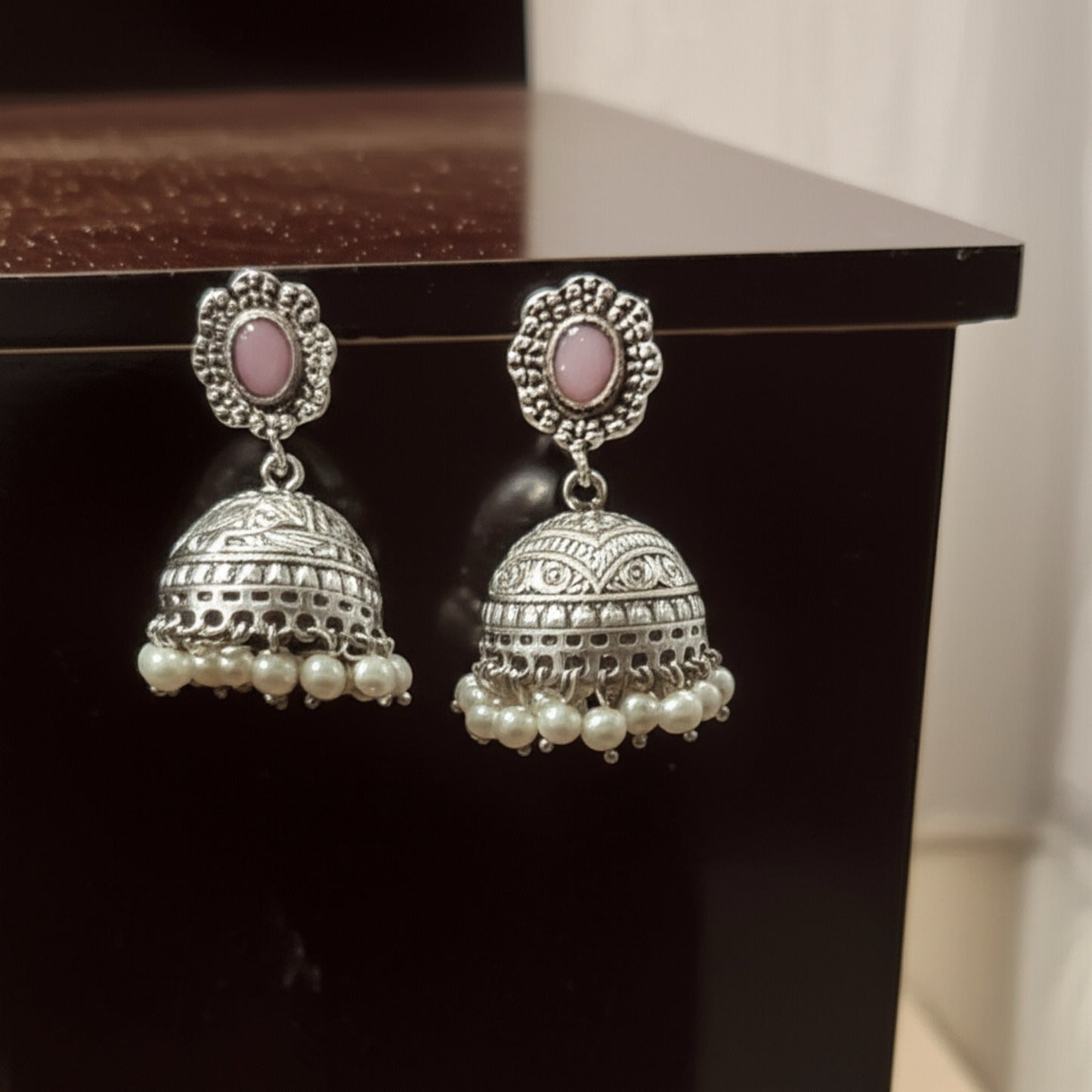 35105 Pretty Precious Fashion Oxidised Silver Stylish Party Wear Earrings for Women and Girls-Pink