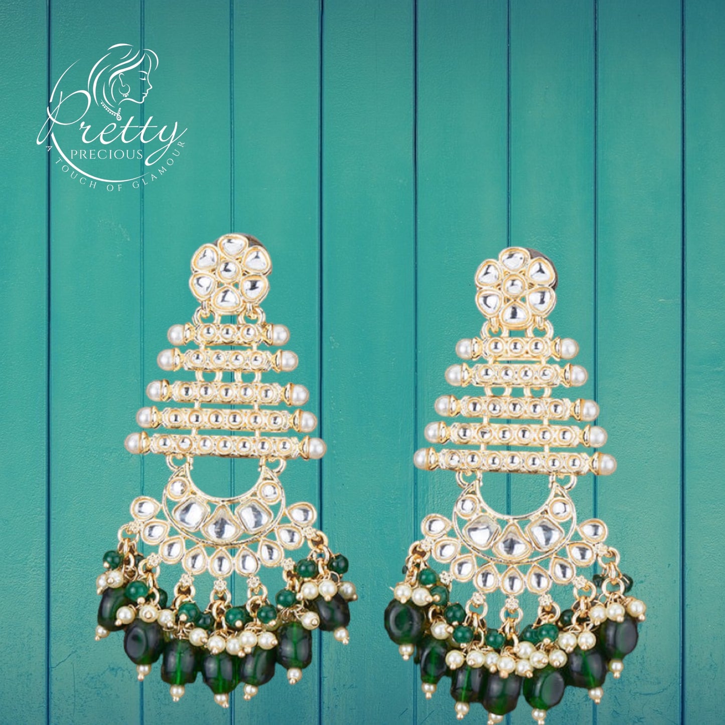 109991 Indo Western Chand Earring With Gold Plating-Green