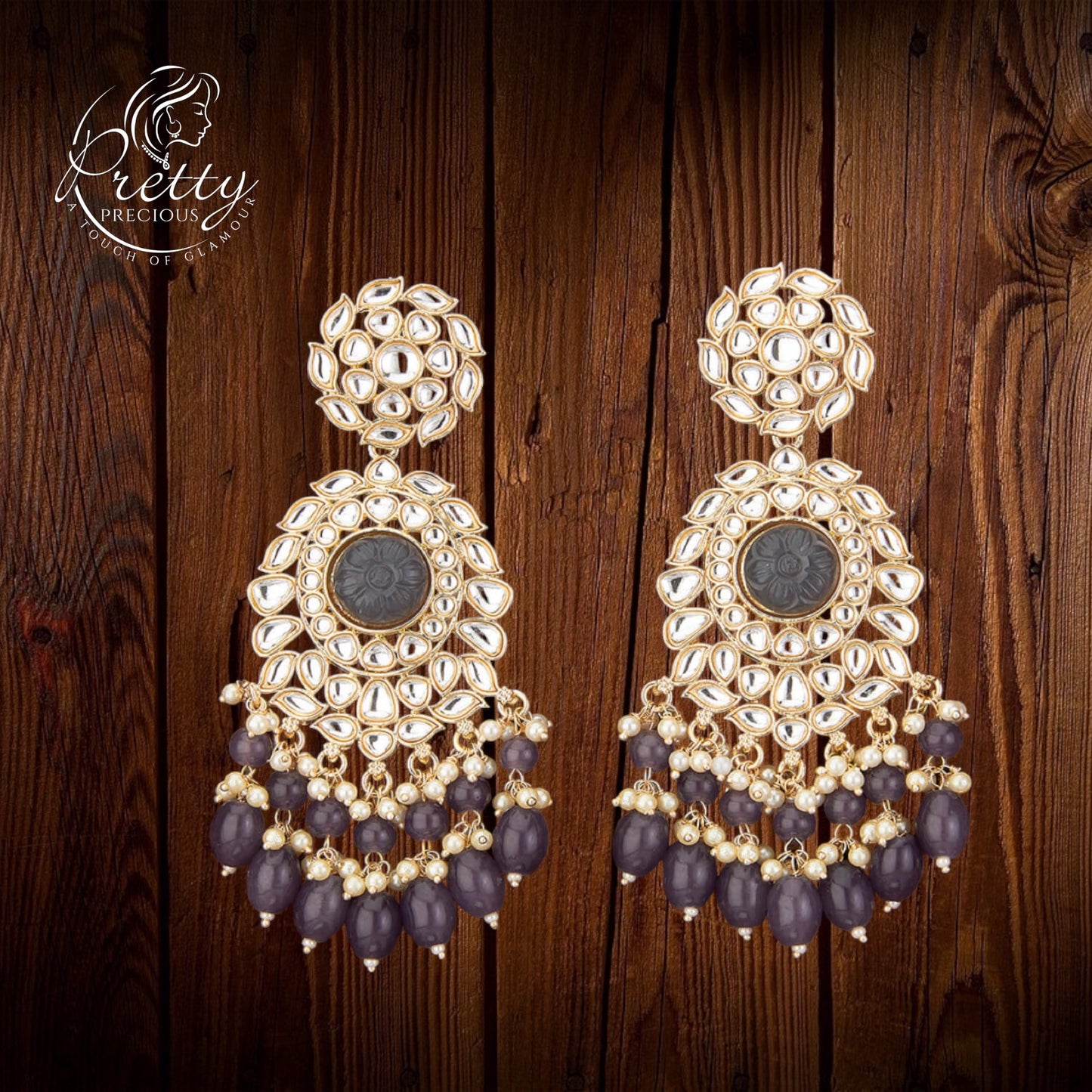 108930-GR Indo Western Stone Earring With Gold Plating-Grey