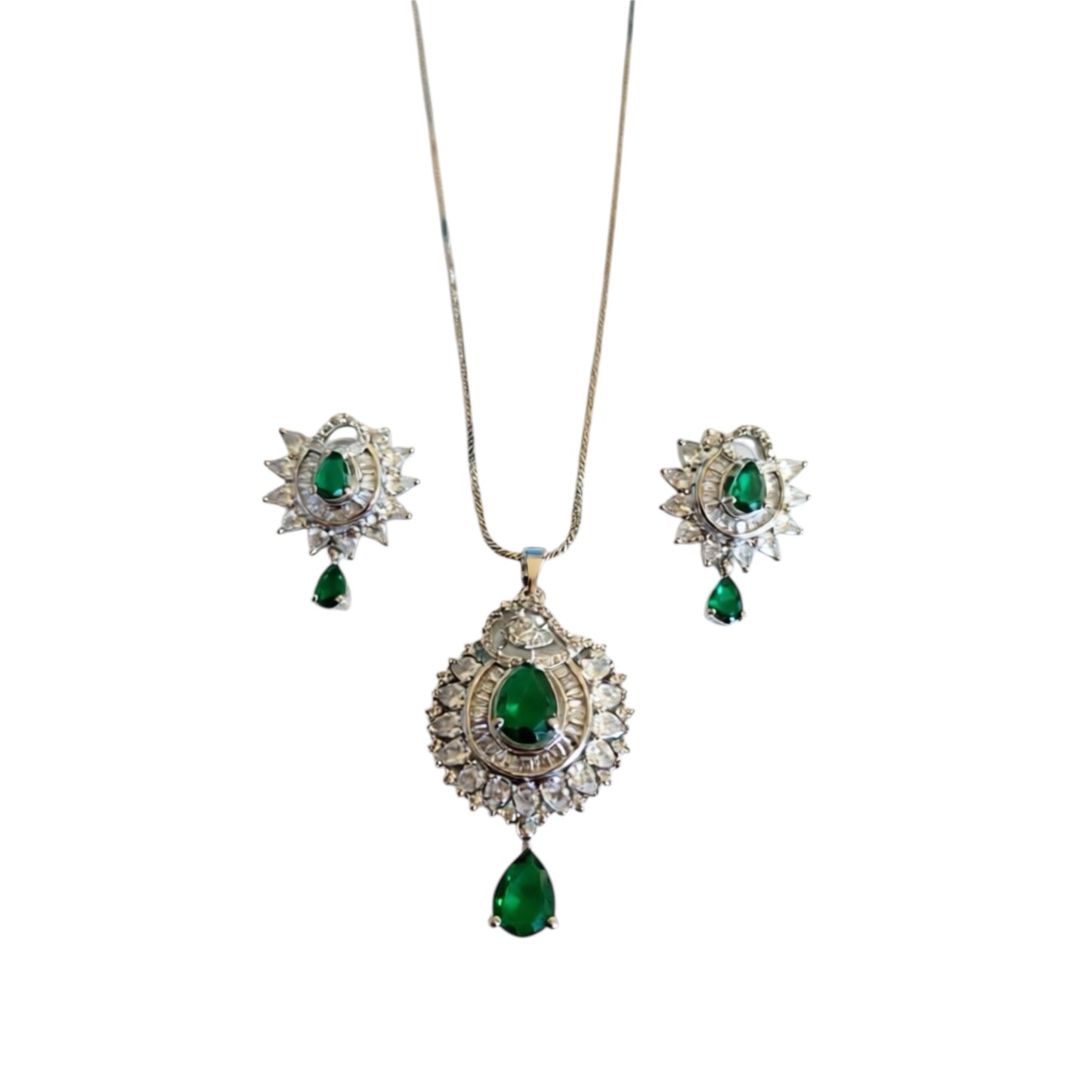 94209-PS-American Diamond Delicate Pendant Set With Rhodium Plating-Green