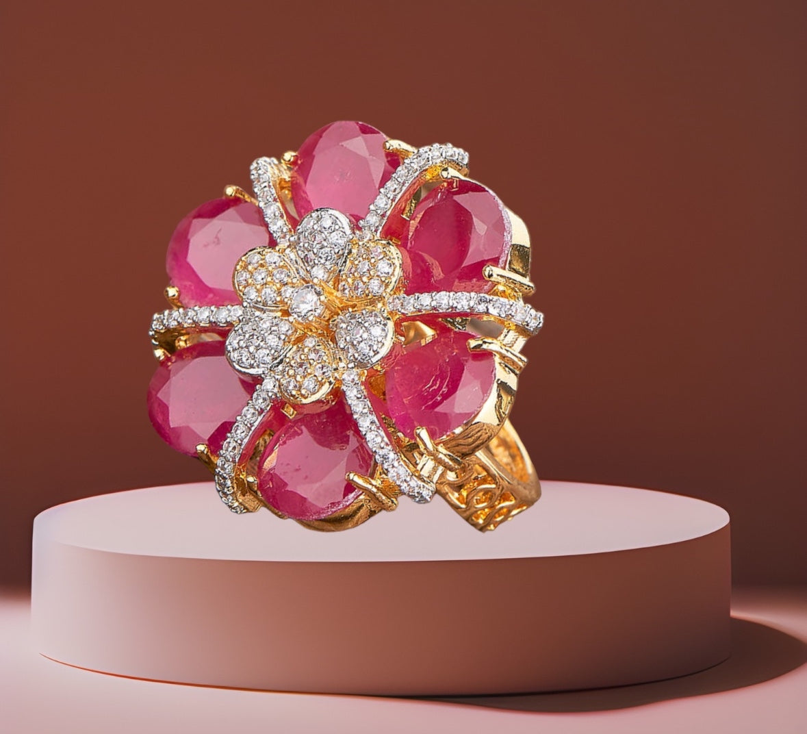 428701 Cubic Zirconia Adjustable Ring With 2 Tone Plating-Ruby