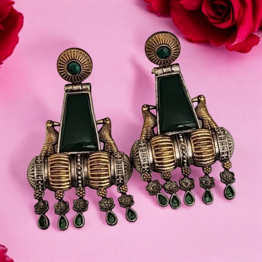 OXE-35425 Pretty Precious Fashion Oxidised Silver Stylish Party Wear Earrings for Women and Girls-Green