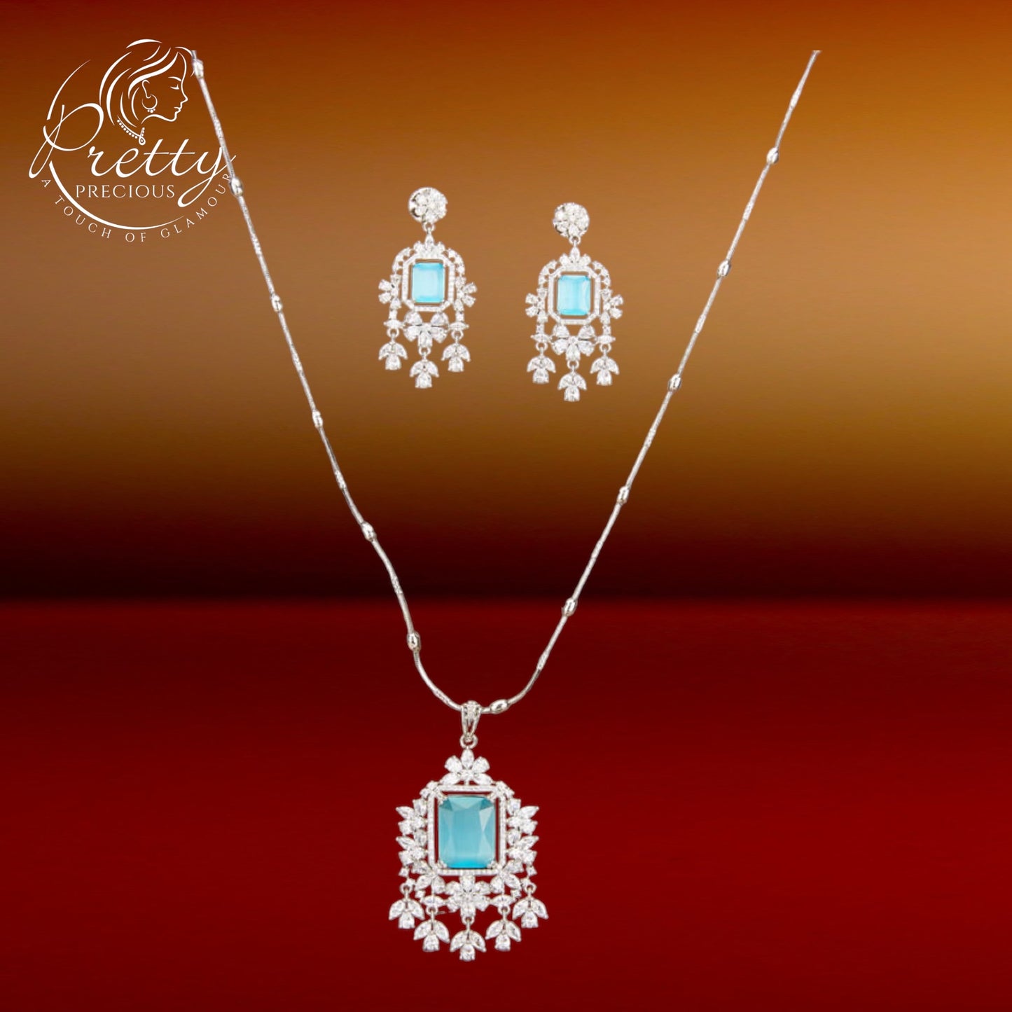 428858 Cz Classic Pendant Set With Rhodium Plating-Aqua