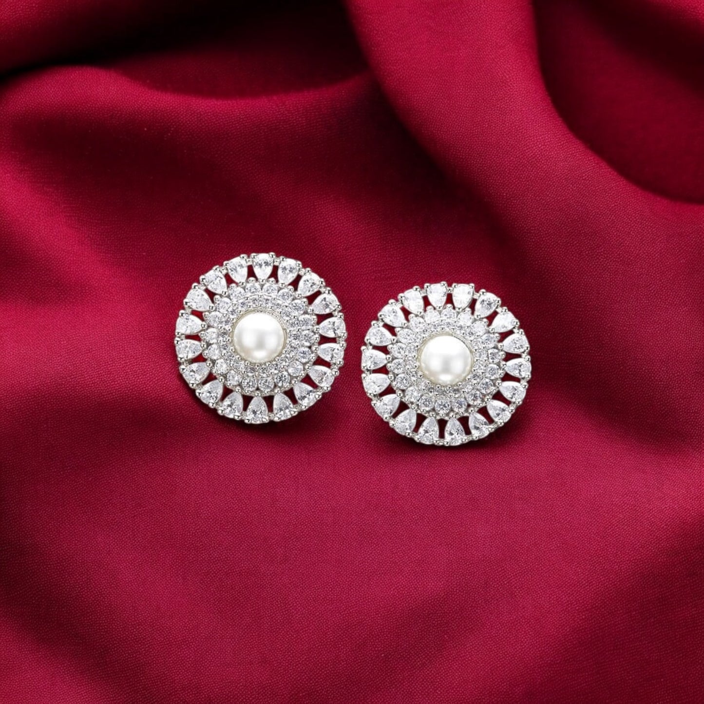 431823 Cz Pearl Tops With Rhodium 2 Tone Plating