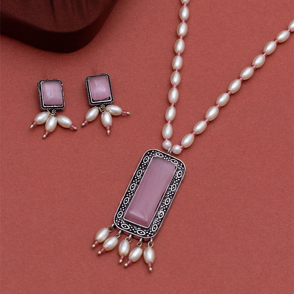 803866 Classic Pendant Set With Oxidised Plating-Pink