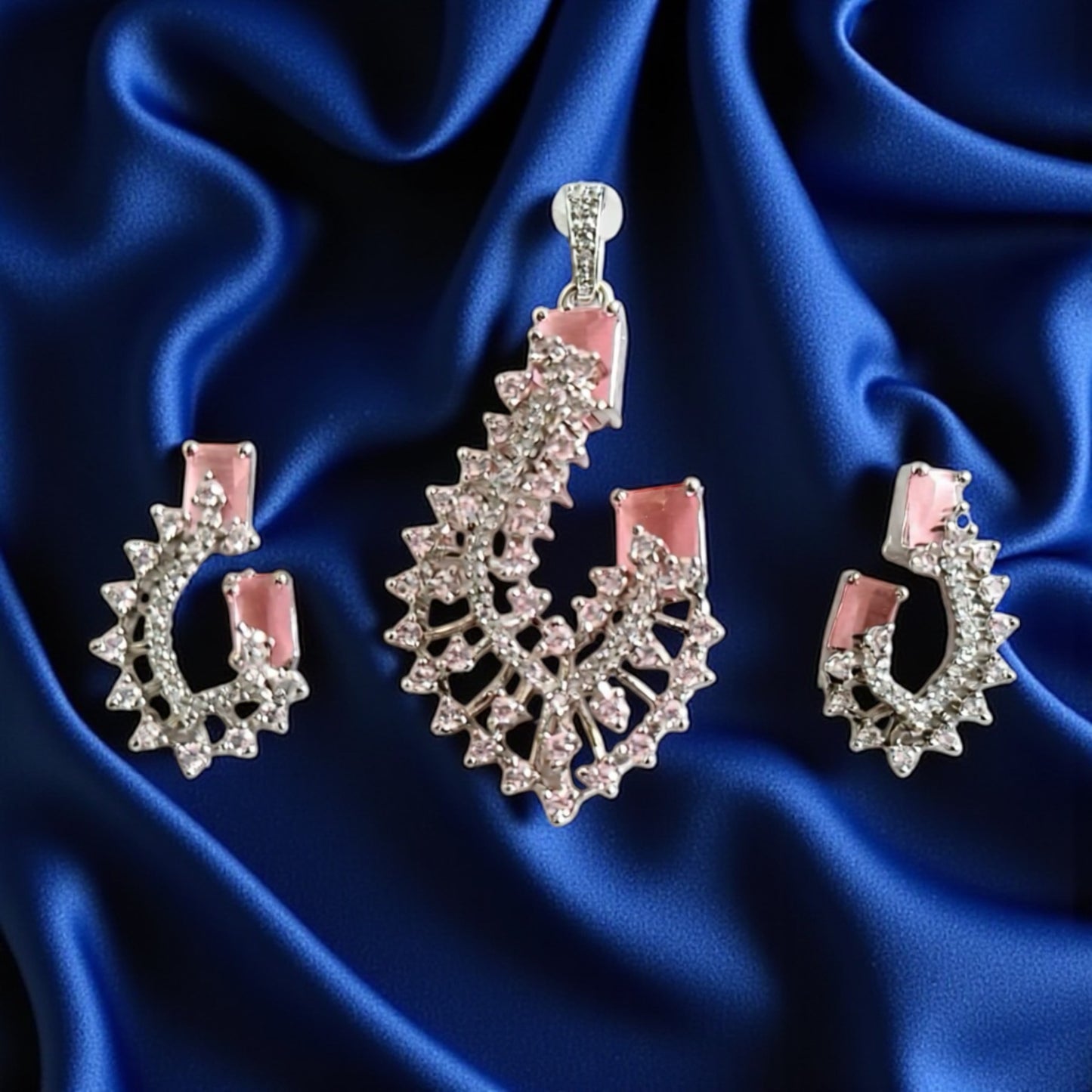 435238-American Diamond Delicate Pendant Set With Rhodium Plating-Pink