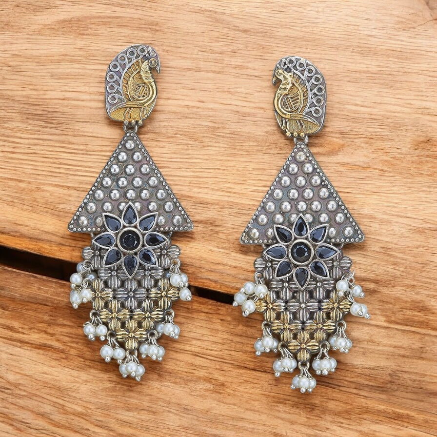 803600 Oxidised Peacock Earring With 2 Tone Plating-Black