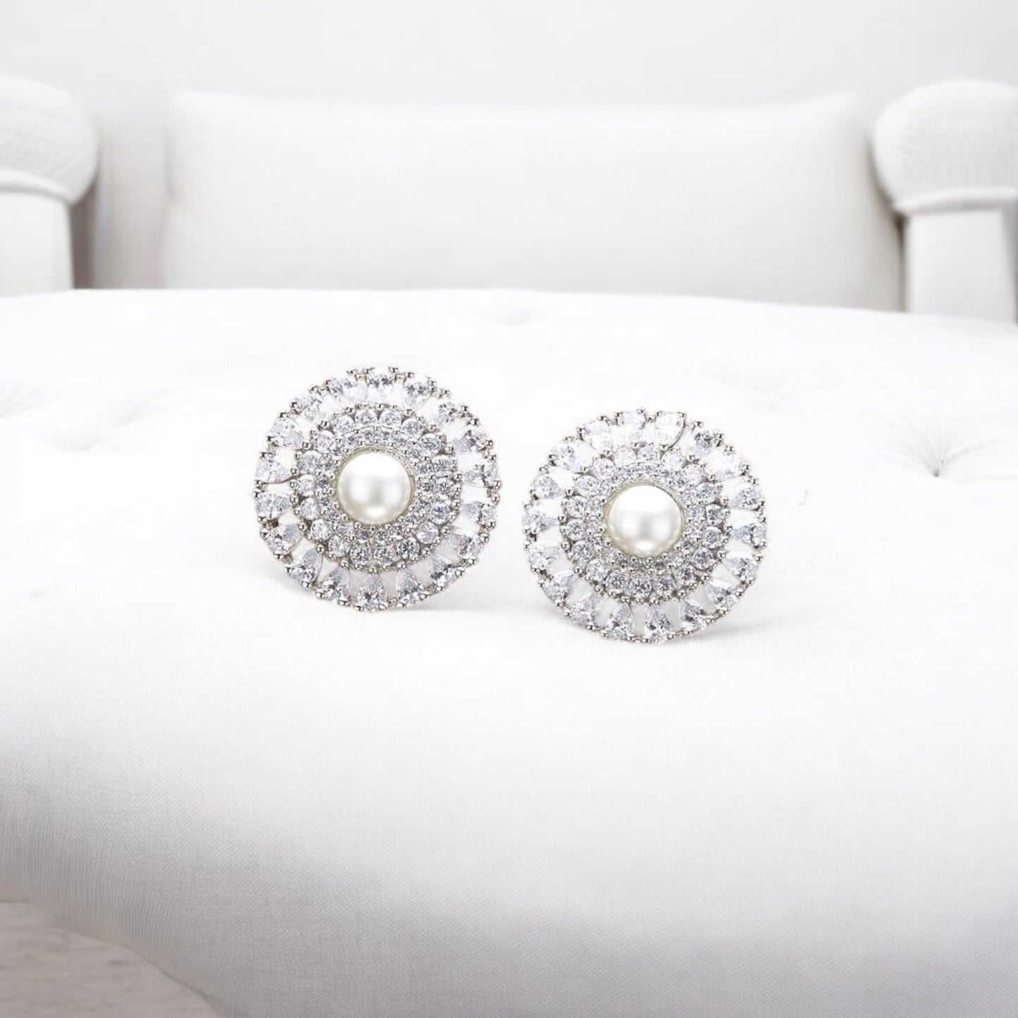 431823 Cz Pearl Tops With Rhodium 2 Tone Plating