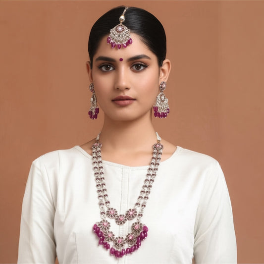 110844 Indo Western Long Necklace With Gold Plating-Purple