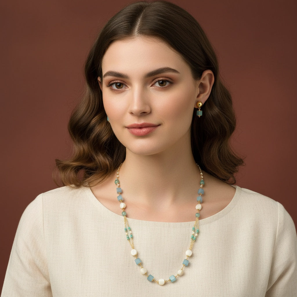 438963 Cubic Zirconia Mala Necklace With Gold Plating-Aqua