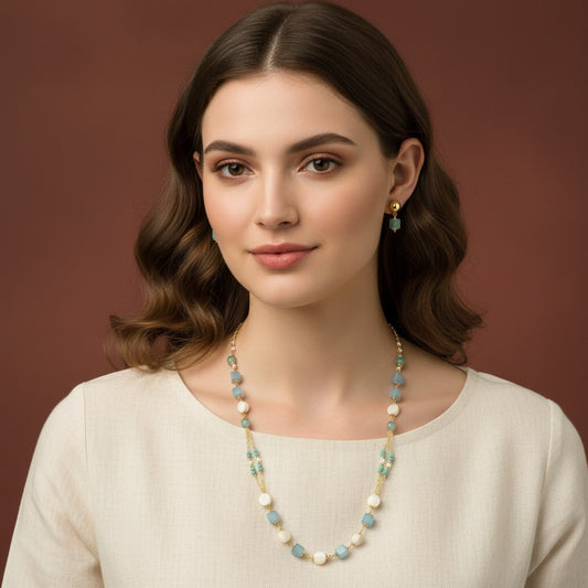 438963 Cubic Zirconia Mala Necklace With Gold Plating-Aqua