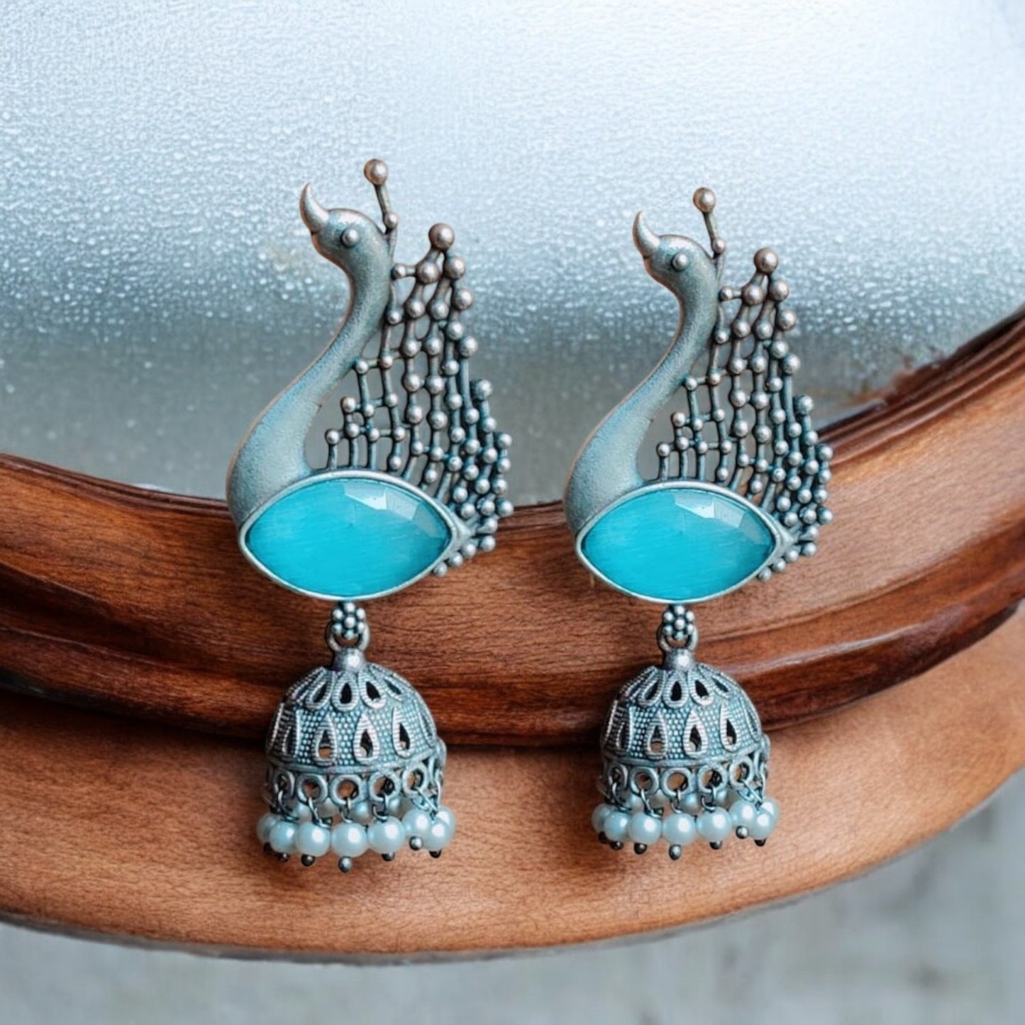 92209-ERO Pretty Precious Fashion Oxidised Silver Stylish Party Wear Earrings for Women and Girls-Aqua