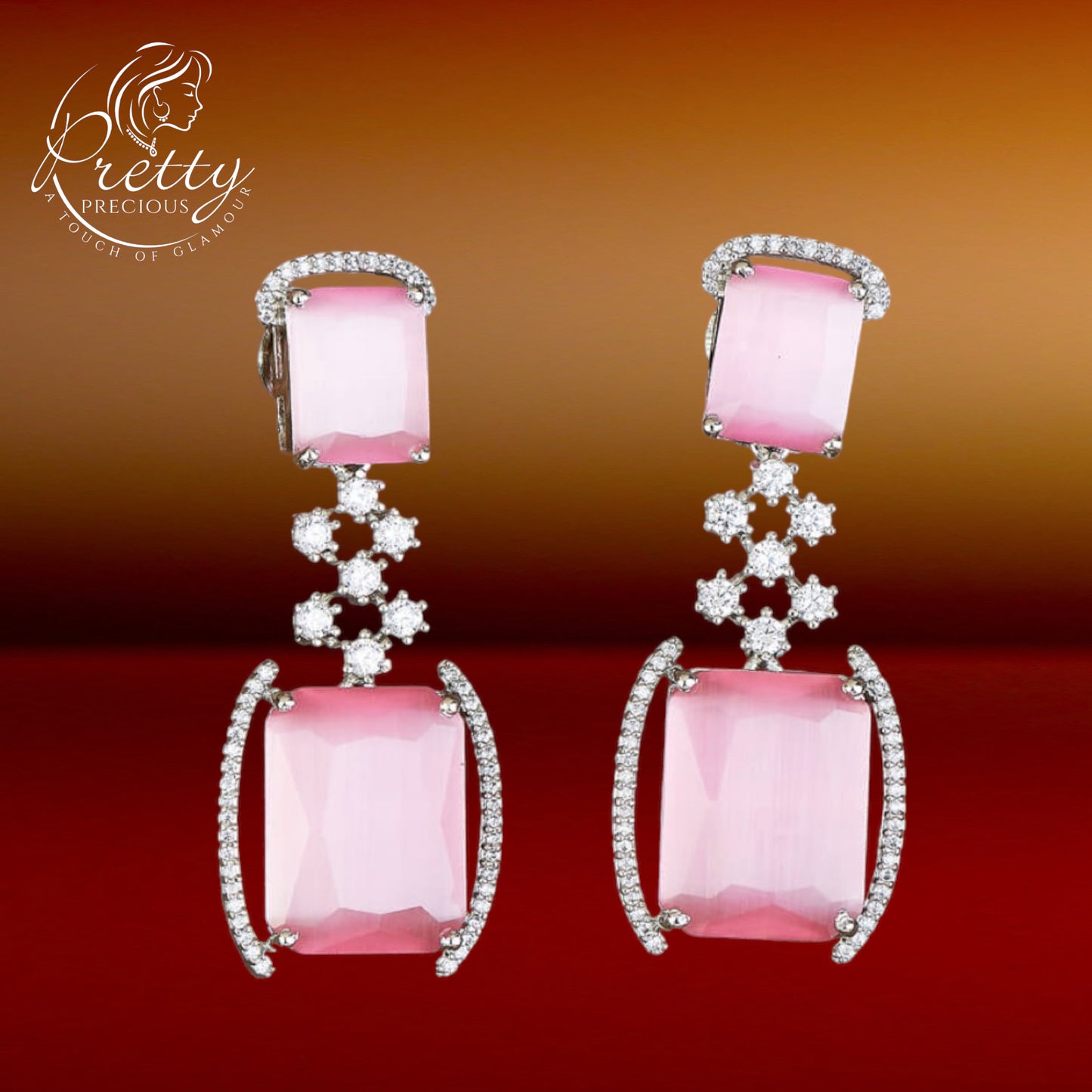 427980 Cubic Zirconia Short Earring With Rhodium Plating-Pink