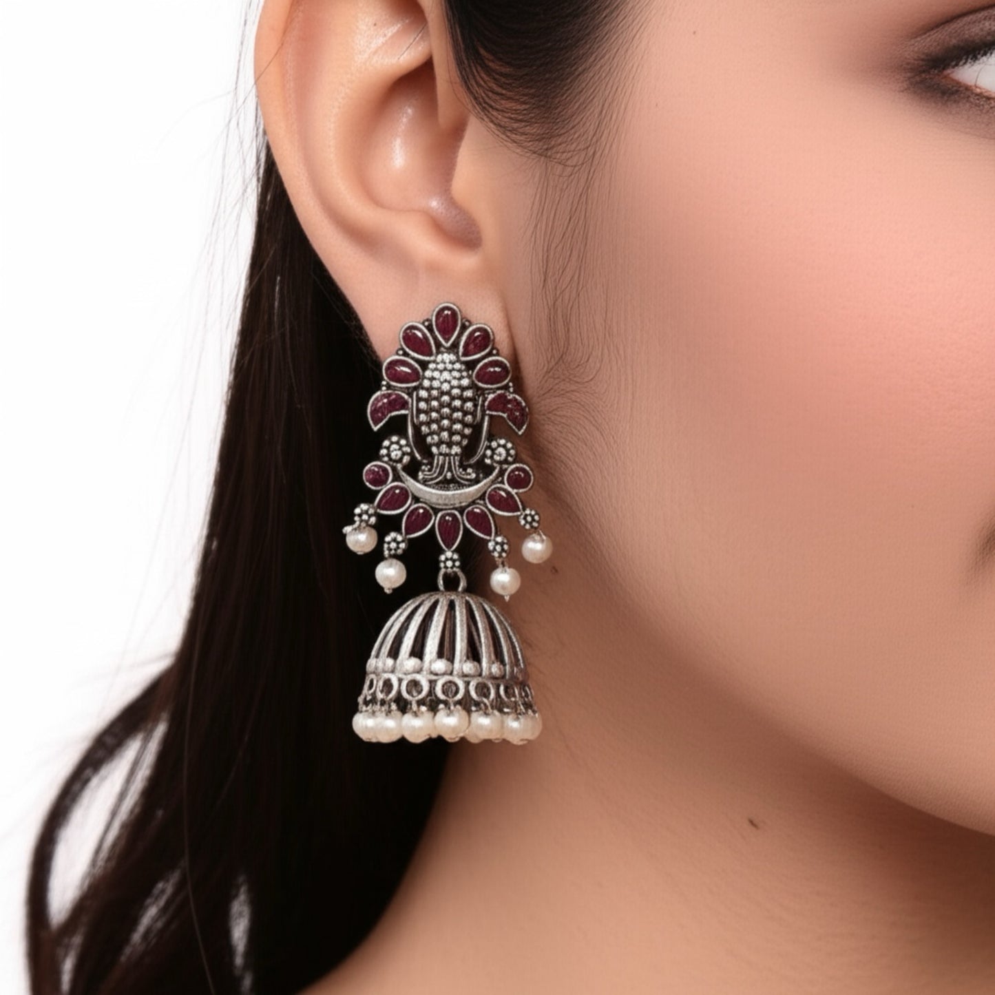 804974 Pretty Precious Fashion Oxidised Silver Stylish Party Wear Earrings for Women and Girls-Ruby