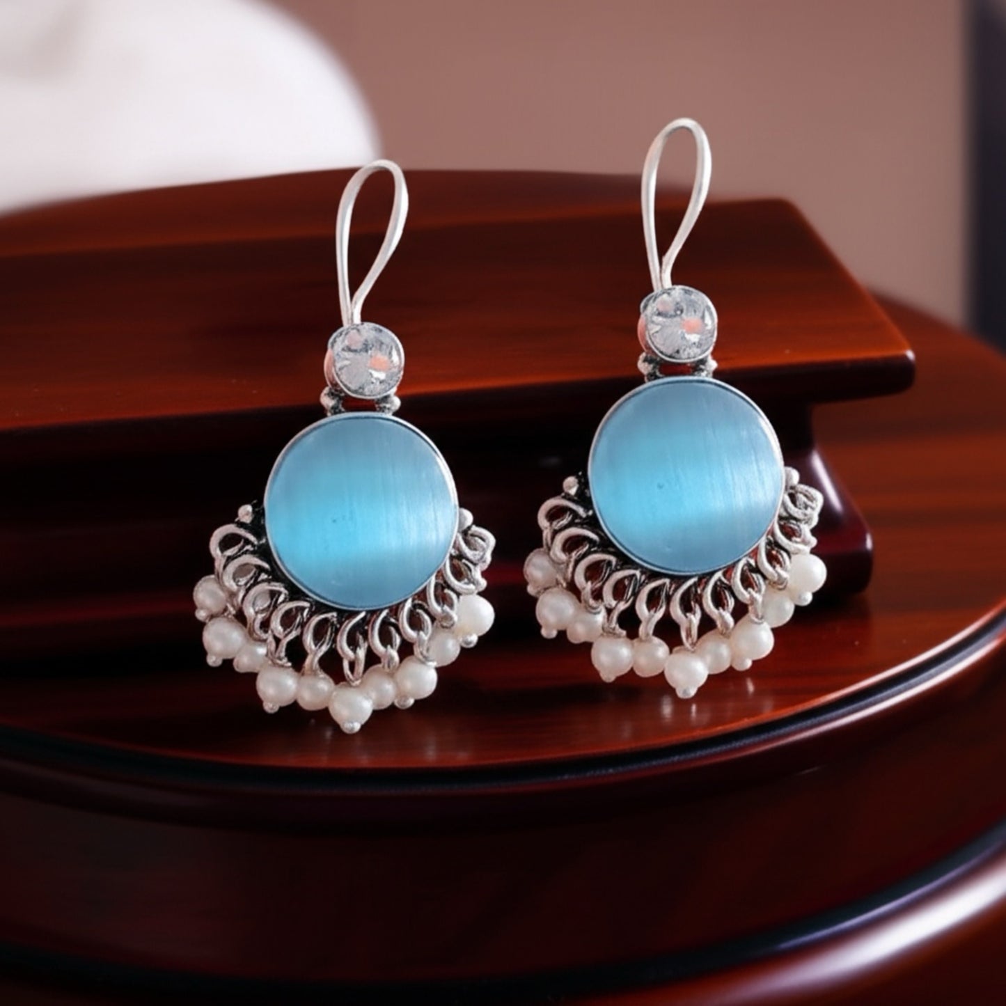 91509-ERO Pretty Precious Fashion Oxidised Silver Stylish Party Wear Earrings for Women and Girls-Aqua