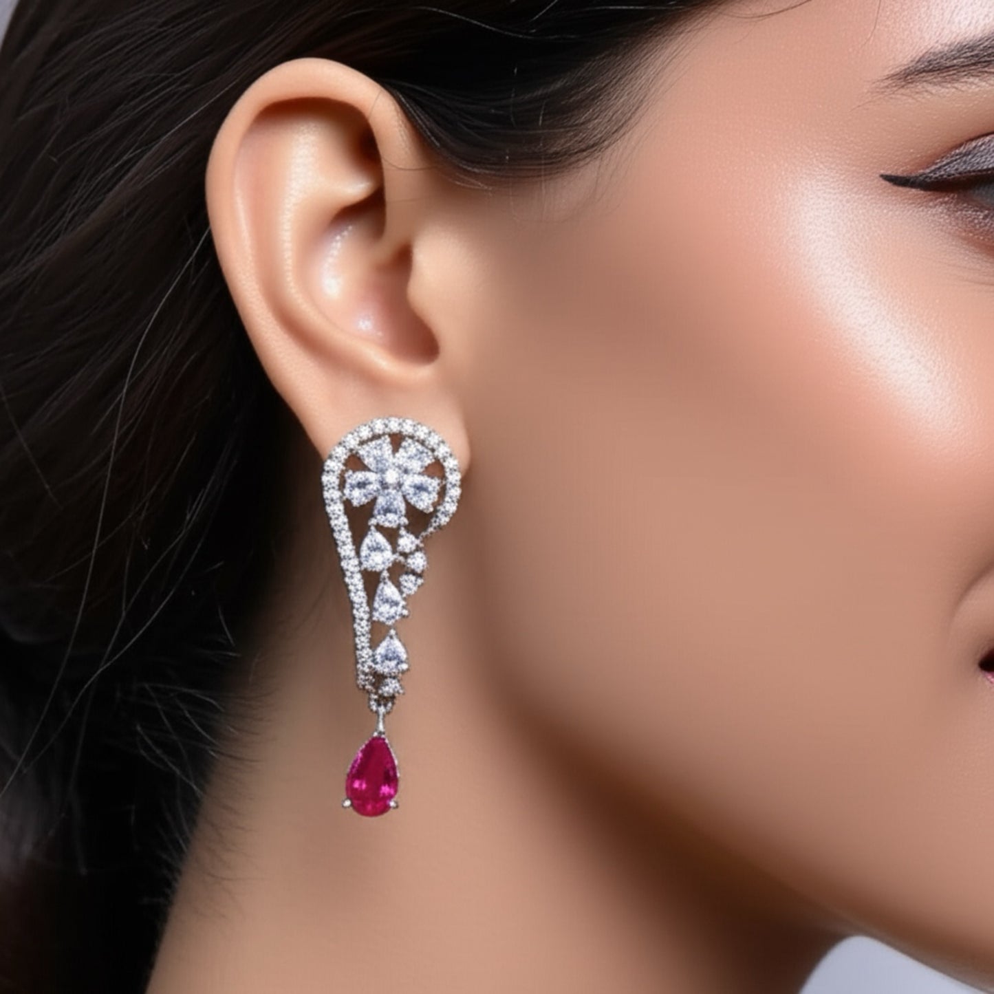 426808 CZ Earring With Rhodium Plating-Ruby