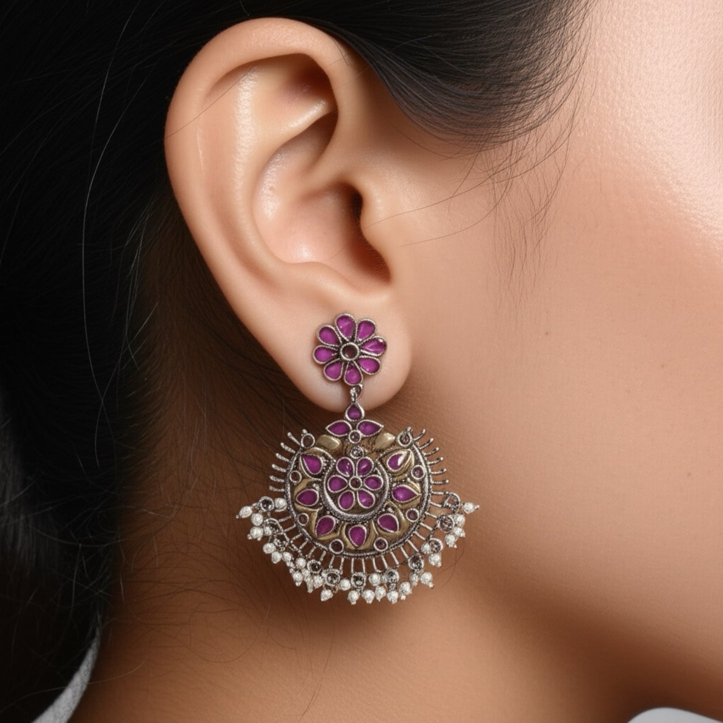 803751 Classic Earring With Oxidised Plating-Ruby