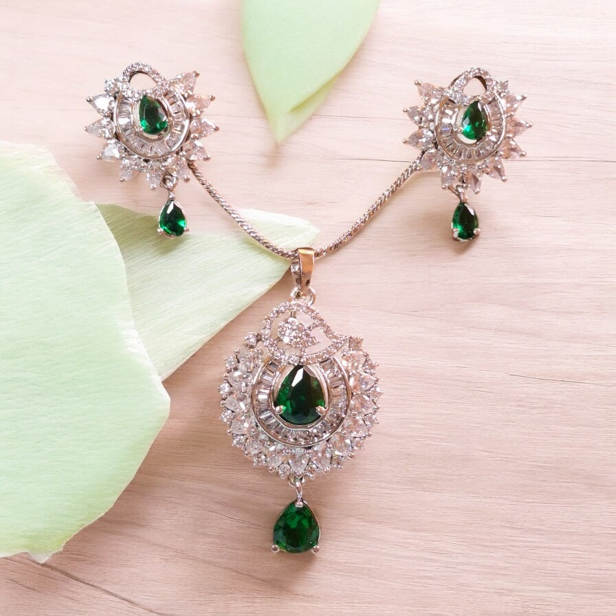 94209-PS-American Diamond Delicate Pendant Set With Rhodium Plating-Green