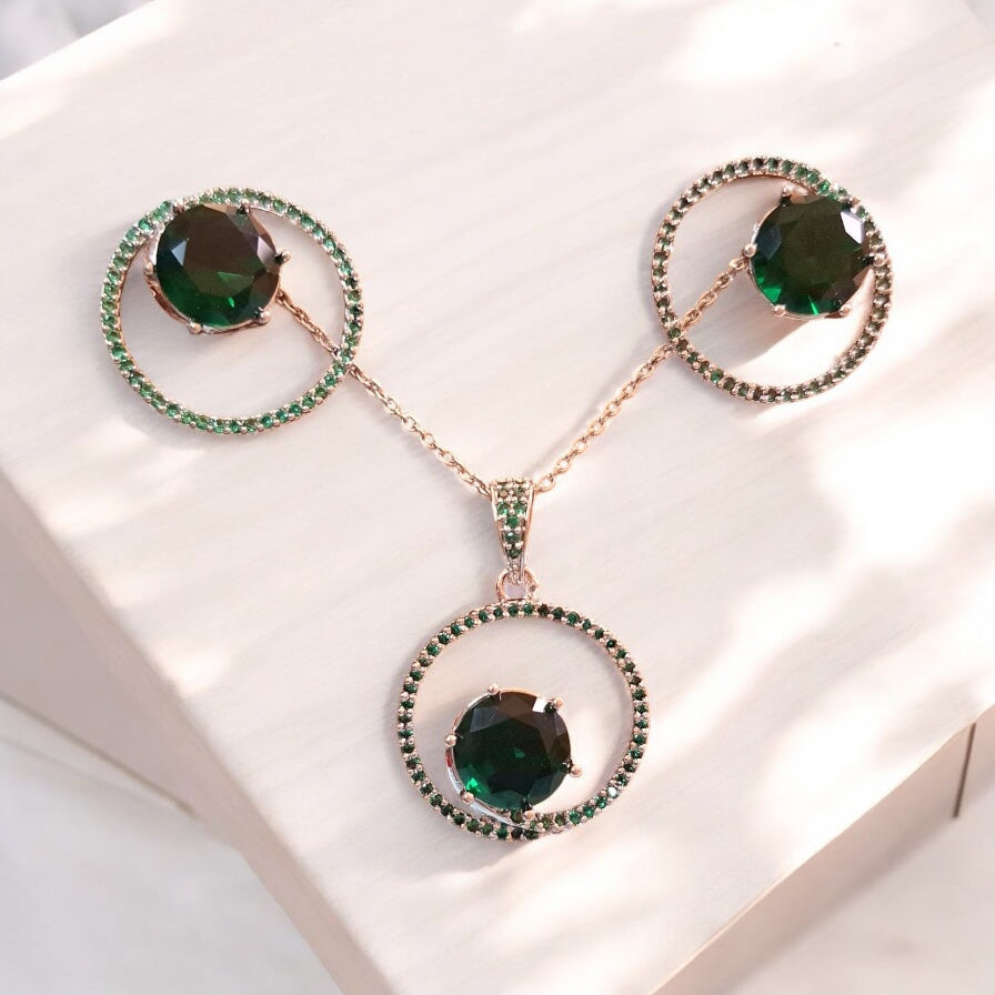 92959-PS-American Diamond Delicate Pendant Set With Rhodium Plating-Green