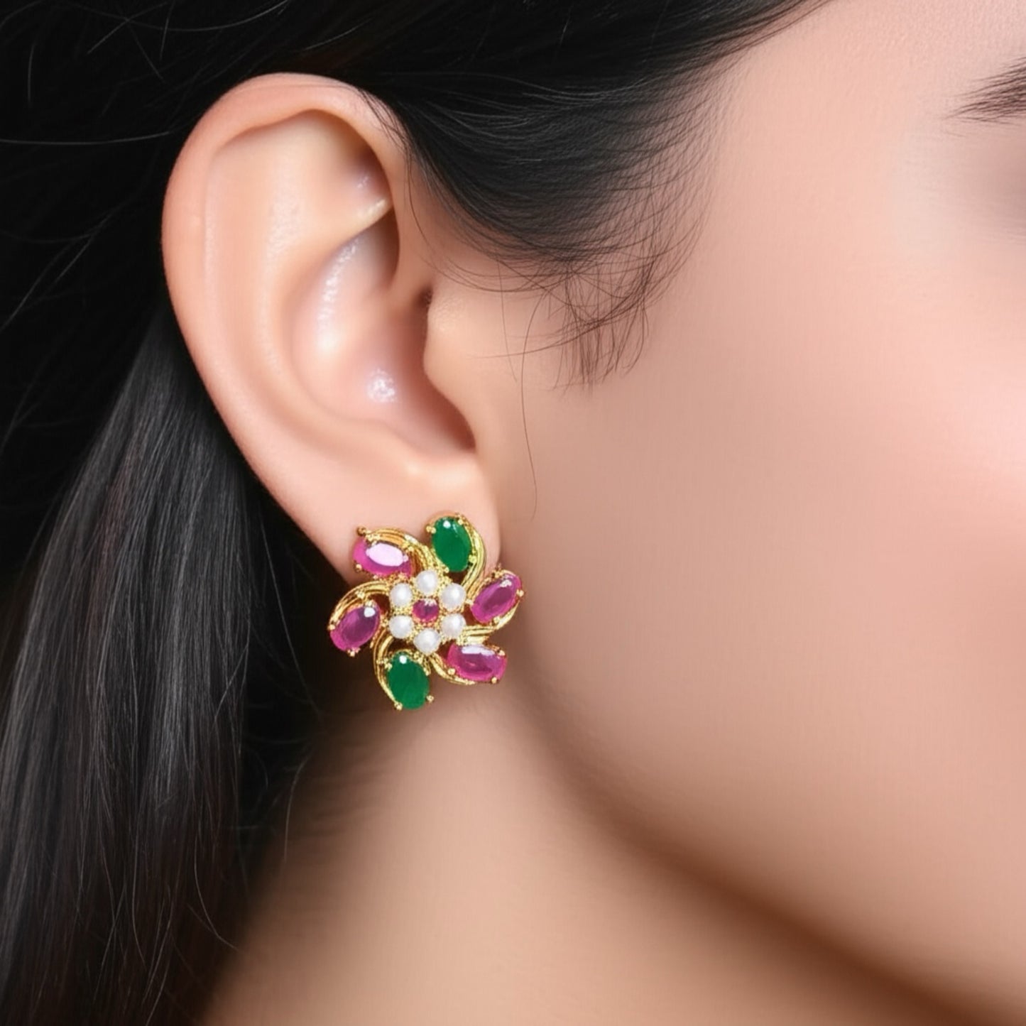 428425 Cz Moti Tops With Gold Plating-Ruby Green